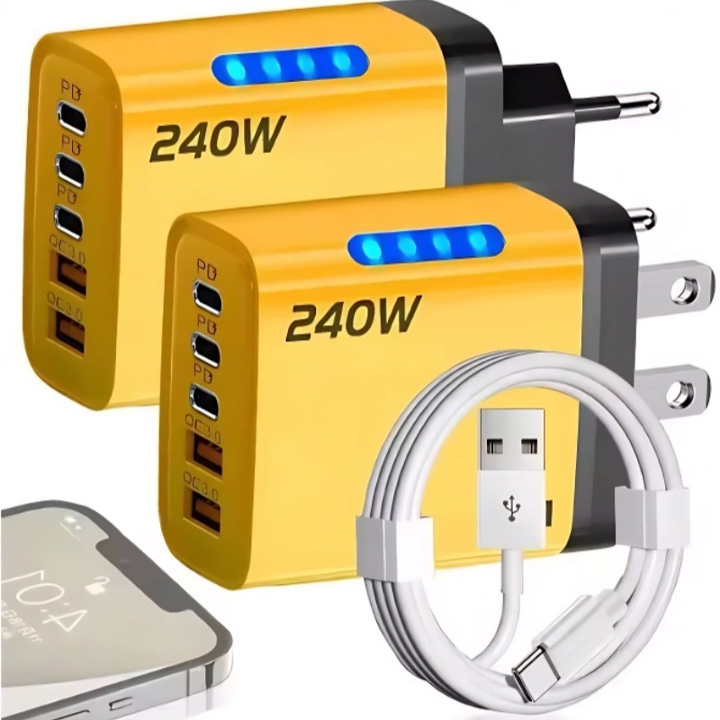 Bộ sạc đa cổng 240W 3PD có đèn - Đầu sạc cáp dữ liệu chất lượng cao - Bộ chuyển đổi điện thoại di động USB Type C kép cho thiết bị Android của Apple​