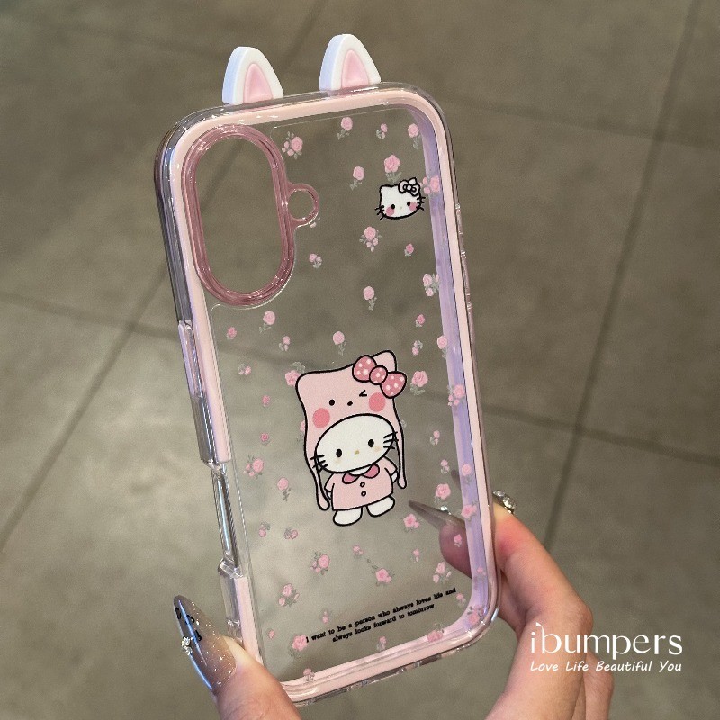 ibumpers Ốp Điện Thoại iPhone Hello Kitty Dễ Thương Tai Mèo Màu Hồng Cho IPhone 11 12 13 14 15 16 Pro Max Ốp Lưng Acrylic Trong Suốt Viền Màu Tinh Khiết