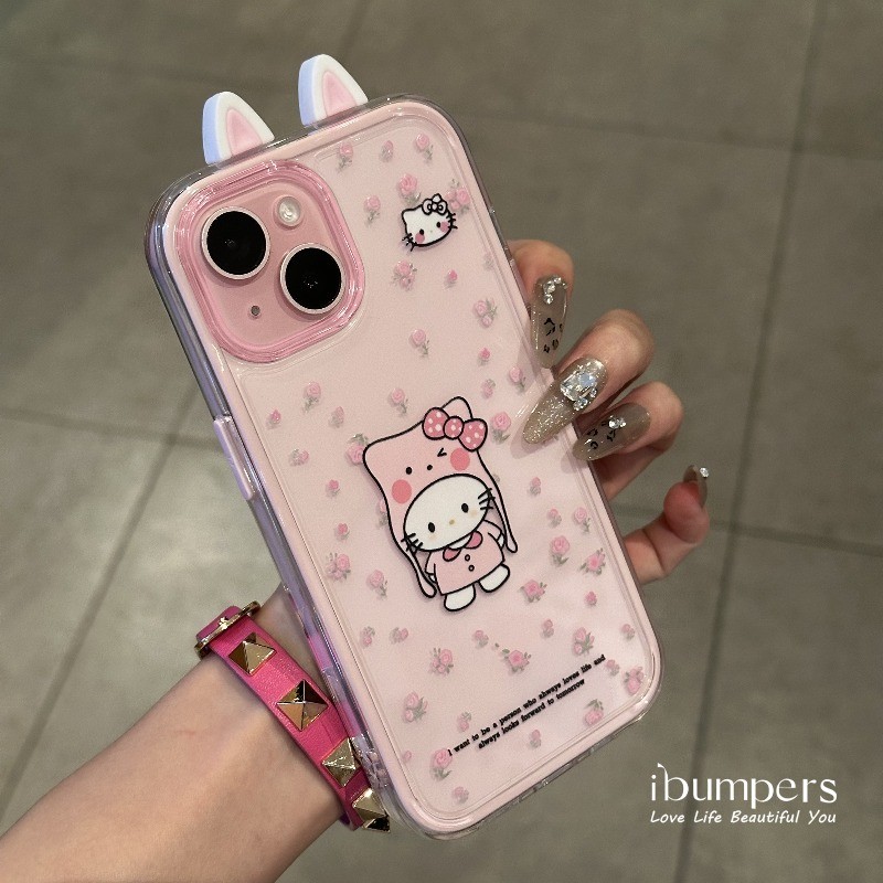 ibumpers Ốp Điện Thoại iPhone Hello Kitty Dễ Thương Tai Mèo Màu Hồng Cho IPhone 11 12 13 14 15 16 Pro Max Ốp Lưng Acrylic Trong Suốt Viền Màu Tinh Khiết