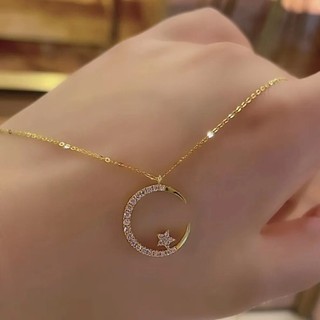 S925 Bạc Ngôi Sao Mặt Trăng Zircon Vòng Cổ Siêu Sáng Thiết Kế Cao Cấp Niche ins Zircon Ngôi Sao Mặt Trăng Xương Đòn Vòng Cổ 10.23