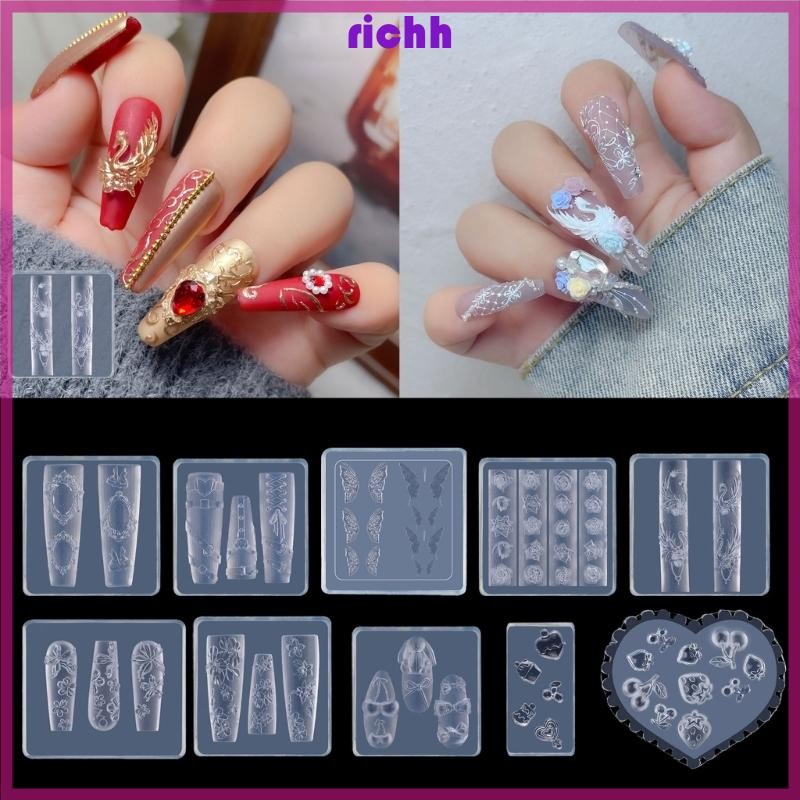 ⚝⚝Richh DIY Nail Art Khuôn Silicon Cho 3D Họa Tiết Nổi Hoa Hồng Bướm Giáng Sinh Thiết Kế Móng Tay Quyến Rũ Phụ Kiện