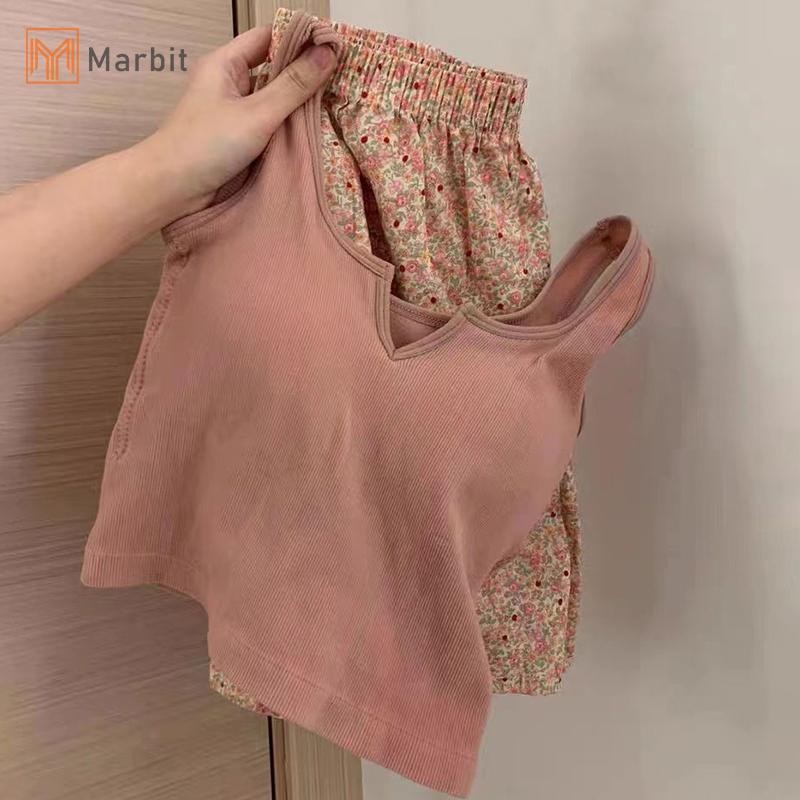 Marbit Hoa Co Giãn Eo Pyjama Vest Có Đệm Ngực Pyjama Quần Nhà Quần Mùa Hè Bộ Dành Cho Nữ Mới