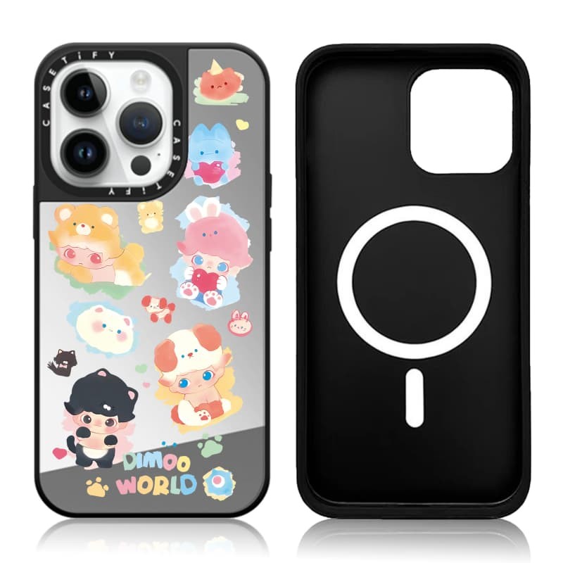 CASETiFY X POP MART - Ốp điện thoại DIMOO WORLD hút từ tính Vỏ IPhone gương đen & bạc IPhone 16 15 14 13 12 Pro Max Plus Ốp điện thoại cứng có hộp khắc logo