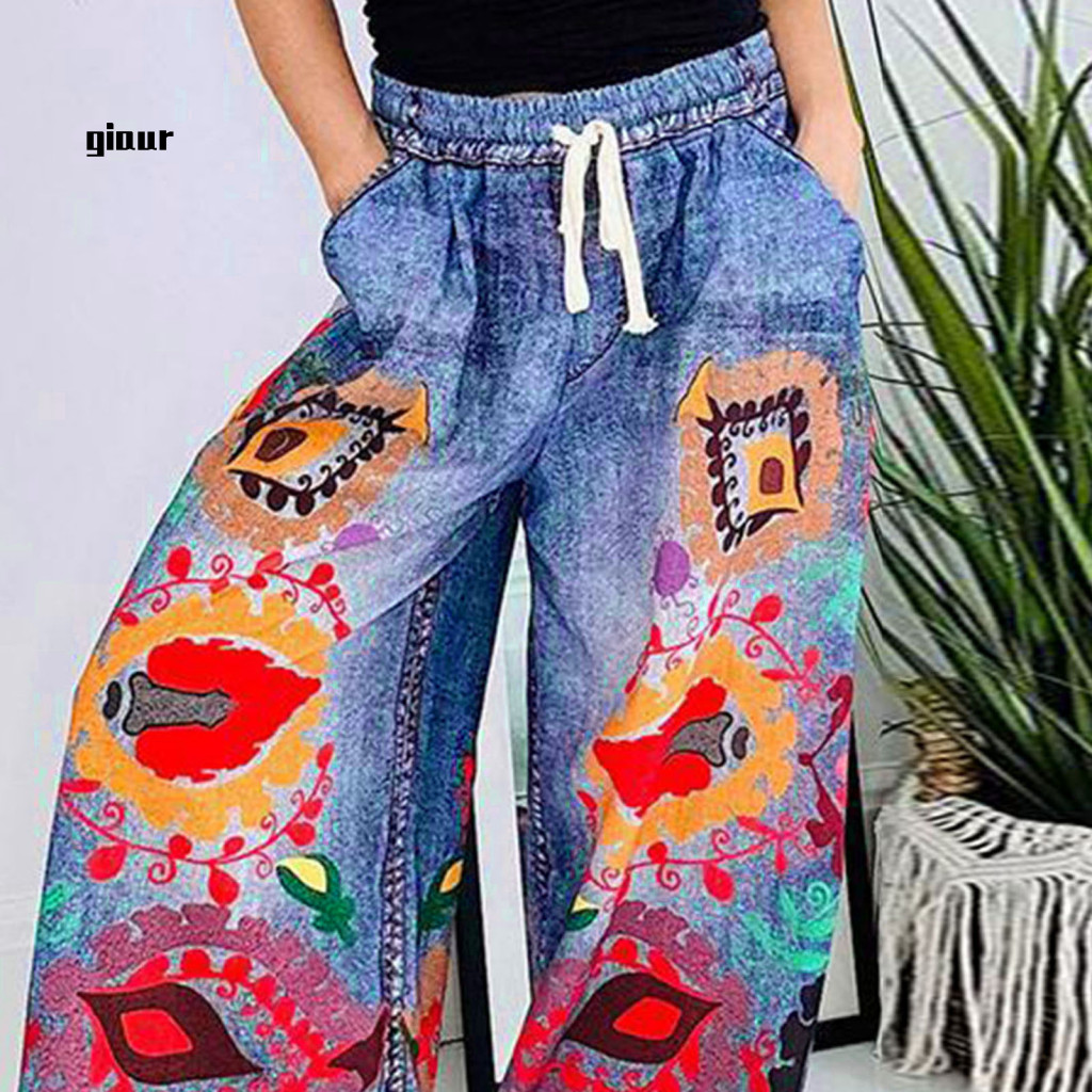 / Ty / Quần thắt lưng co giãn dây rút Quần in Denim có dây buộc Quần Denim ống rộng sành điệu có thắt lưng và túi dây rút Thiết kế in hình hợp thời trang dành cho nữ cho khu vực Đông Nam