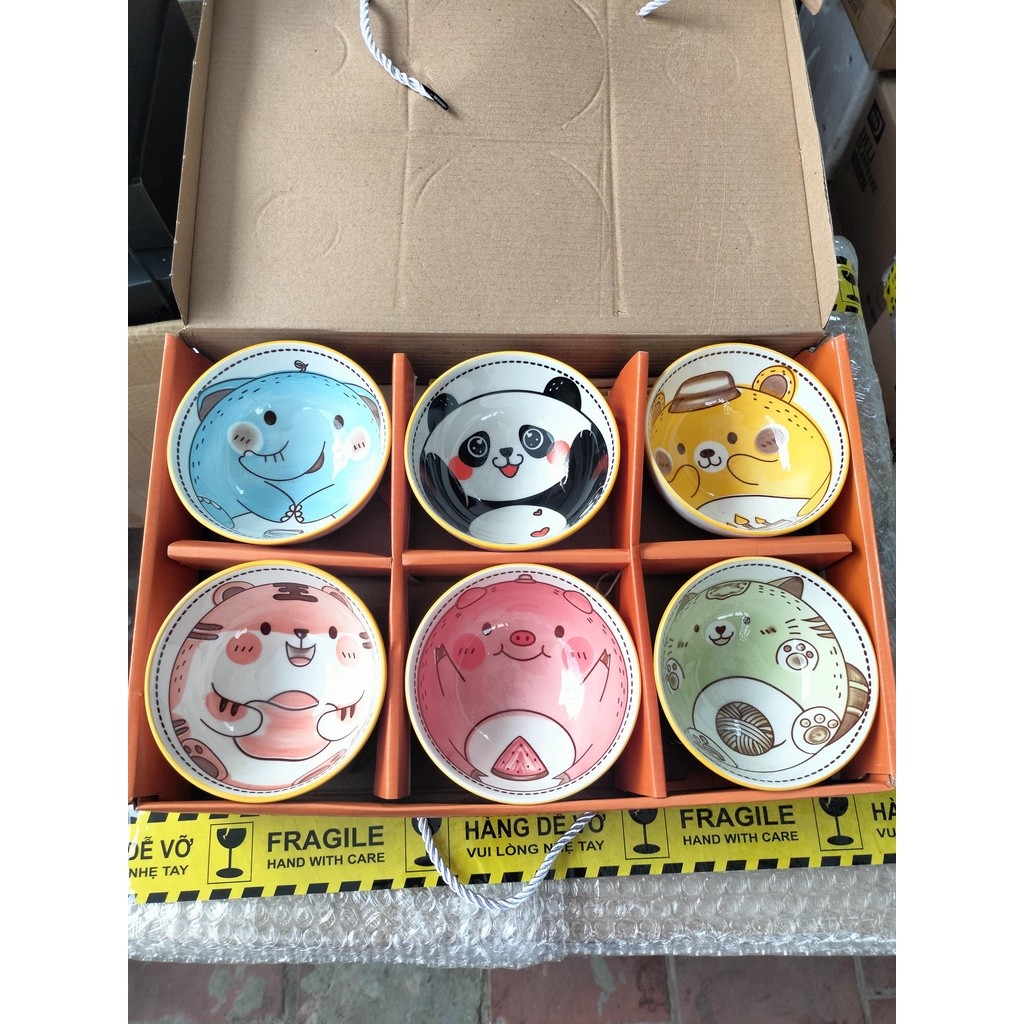 Bộ 6 bát đũa sứ ăn cơm HAPPY LIFE họa tiết vàng trắng kèm hộp tặng quà mang đi biếu gia đình và bạn bè