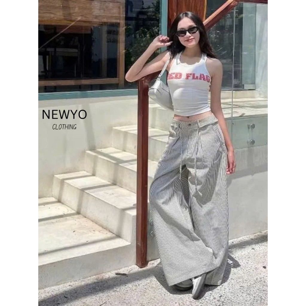 Quần Kẻ Sọc Nữ Mix Dây Eo phong cách (Chất Kaki Jean) Dày Dặn Lưng Cao Tôn Dáng Mặc Thoải Mái