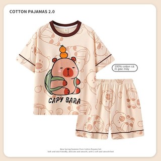 Bộ Đồ Mặc Ở Nhà Trẻ Em Cotton Ngắn Tay Hình Gấu Capybara Mềm Mại Thoáng Khí Mùa Hè Cho Bé Trai Gái