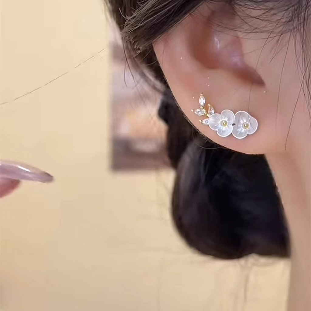 Bông tai hoa vỏ trắng kim bạc S925, thiết kế sang trọng nhẹ nhàng, bông tai mới 2025, trang sức tai đơn giản tinh tế D8L7
