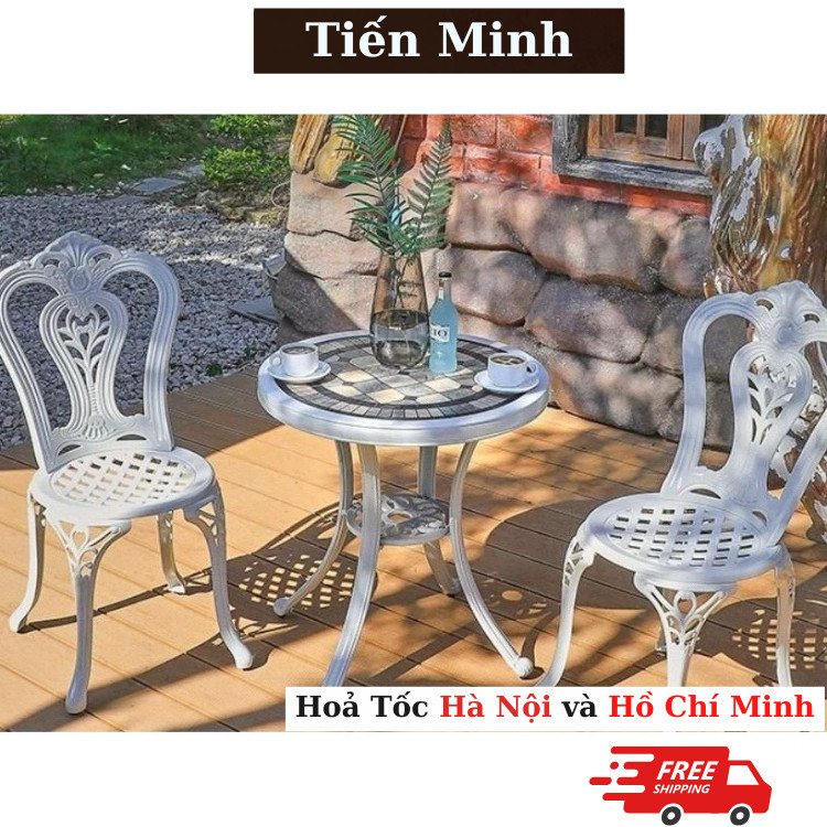 Bộ bàn ghế ban công ngoài trời Nhôm đúc Bàn ghế sân vườn ngoài trời Tròn mặt bàn đá gốm đẹp - TM40