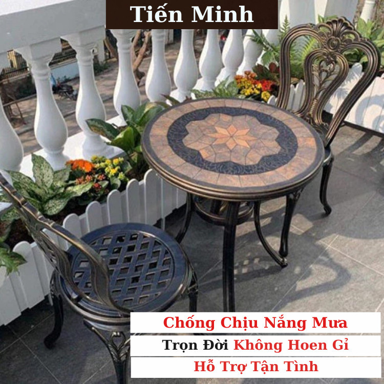 Bộ bàn ghế ban công ngoài trời Nhôm đúc Bàn ghế sân vườn ngoài trời Tròn mặt bàn đá gốm đẹp - TM40