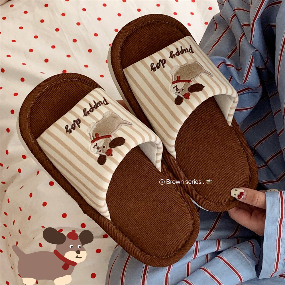 Dễ Thương Chó Con Vải Lanh Dép ins Nhật Bản Bốn Mùa Đa Năng Dép Đi Trong Nhà Dép Vải Lanh Cotton Giày Sàn Hút Mồ Hôi Hộ Gia Đình Dép Phẳng