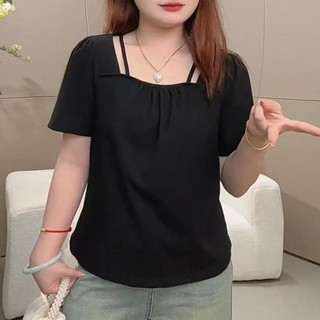 M-4XL Size Lớn Top Nữ 150kg Size Lớn Cổ Vuông Xếp Ly Áo Thun Nữ Mùa Hè Béo mm Thiết Kế Thời Trang Mỏng Hơn Nhìn Top Plus Size Quần Áo Nữ