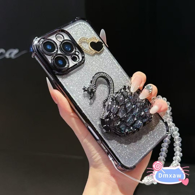 Ốp Điện Thoại Đứng Bling Swan Cho Motorola Edge 60 50 Fusion 50 Neo Pro Moto S50 G86 G72 G60S G40 Fusion G56 G05 E15 5G Vỏ Mạ Tình Yêu Màu Đen Thời Trang Có Dây Đeo Pha Lê
