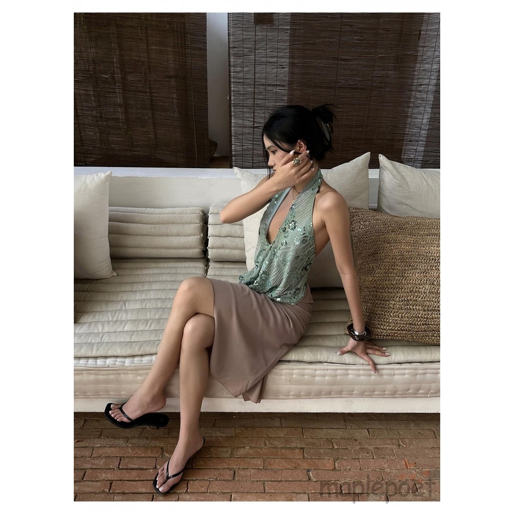 MAPLEPOET-Áo dây nữ thời trang Sequins không tay cổ chữ V sâu không lưng cho mùa hè