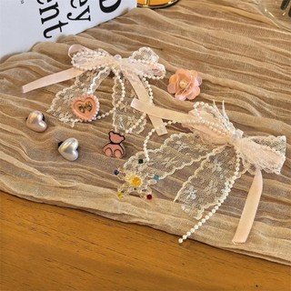 Phụ kiện dây giày ngọc trai hồng ren nơ, charm hoa gấu tình yêu, khóa DIY cho thể thao