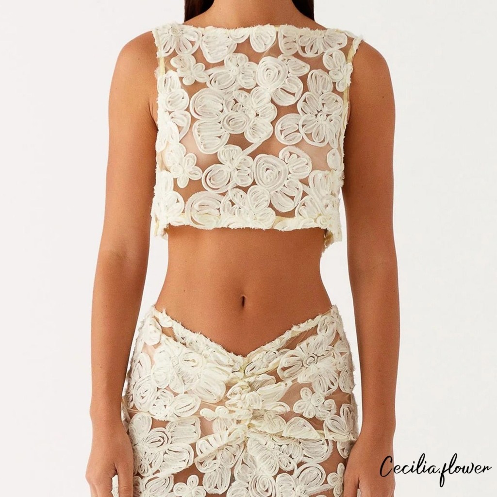Áo Tank Top Nữ Không Tay Cổ Tròn Hoa Nhìn Xuyên Qua Mùa Hè Crop Top Clubwear