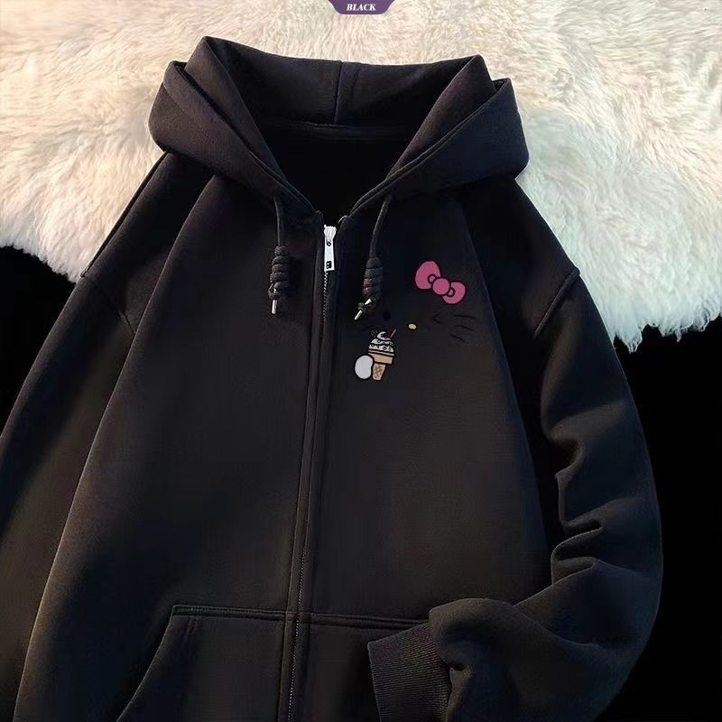 Phiên bản Hàn Quốc của Áo len Cardigan có mũ trùm đầu Hello Kitty dễ thương dành cho nữ Xuân Thu Áo khoác phần mỏng mới [BL]