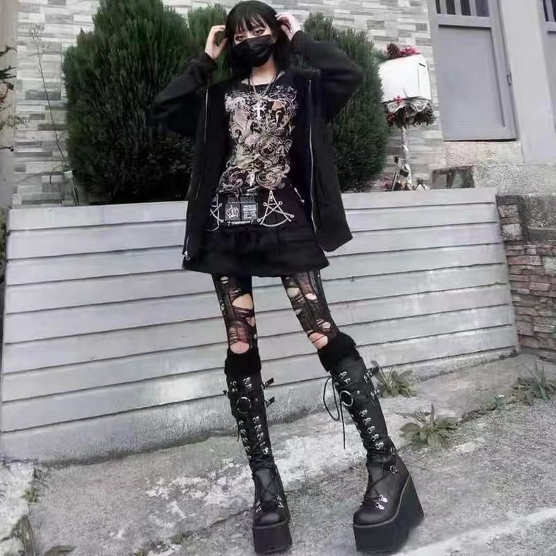 Giày Rider Đế Dày Siêu Cao Nữ Phong Cách Tối Punk Giày Cao Gót Mũi Tròn Ren-Up Xe Máy Dài T