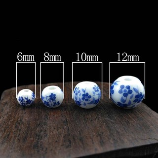 Hạt gốm sứ xanh trắng, hạt tròn rời, phụ kiện đính cườm thủ công diy