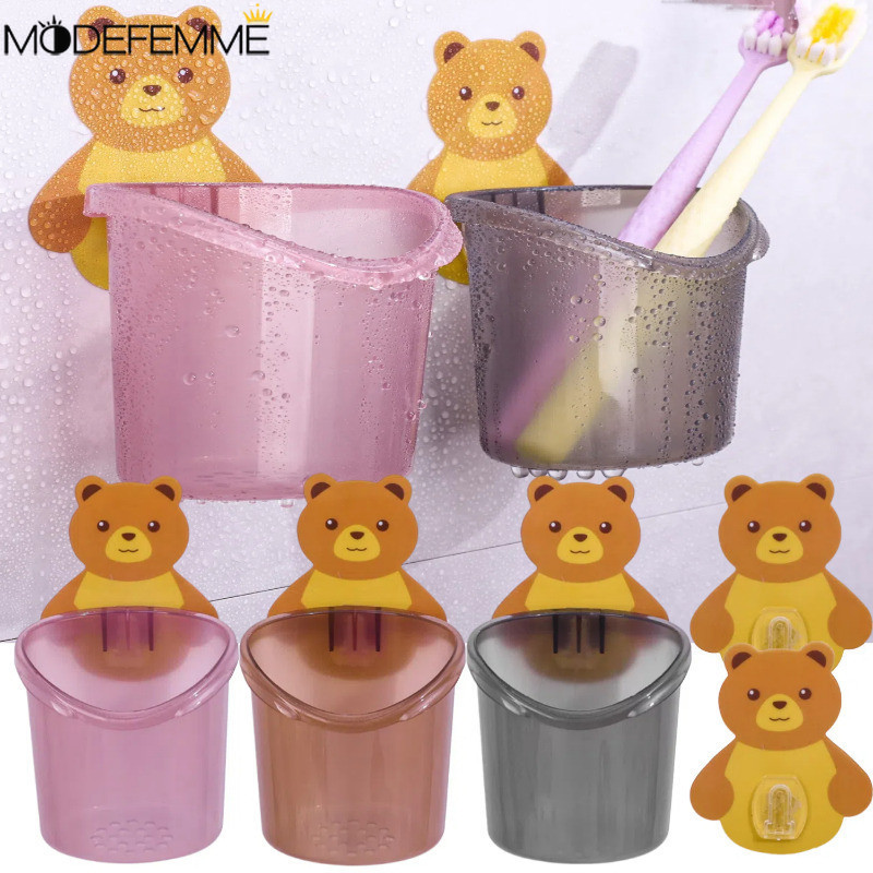Cốc thoát nước bàn chải đánh răng hình gấu hoạt hình - Hộp đựng mỹ phẩm - Treo tường, vệ sinh, chống rơi - Hộp đựng đồ nhỏ - Giá đựng kem đánh răng