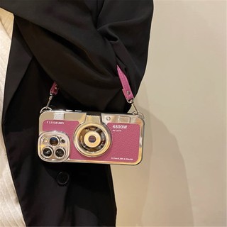 Sang Trọng 3D Camera Mạ Bạc Da Trắng Wrsit Dây Đeo Ốp Lưng Điện Thoại iPhone 17Promax 16Promax 12 13 14 15 Pro Max Chống Sốc Nữ Di Động Bao