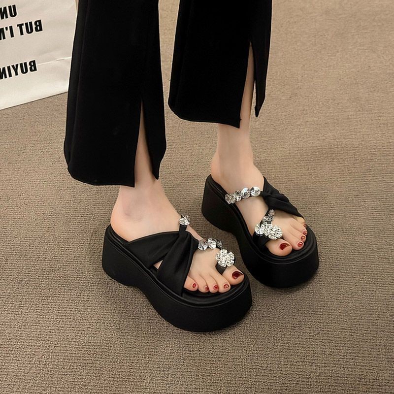 Muffin Đế Dày Tăng Chiều Cao Dép Nữ Mùa Hè Mặc Ngoài 2024 Phong Cách Mới Với Váy Thời Trang Set-Toe Kim Cương Giả Cao Gót 24.11.