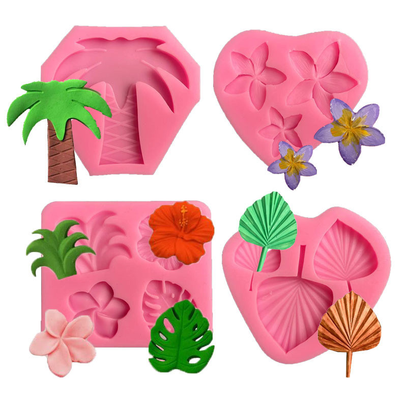 Dừa Plumeria Rubra Hibiscus Rosa-Sinensis Fan Blade Khuôn Silicon Mềm Fondant Chocolate Khuôn Trang Trí Bánh Khuôn Gốm Đất Sét Epoxy Thạch Cao Trang Trí Khuôn