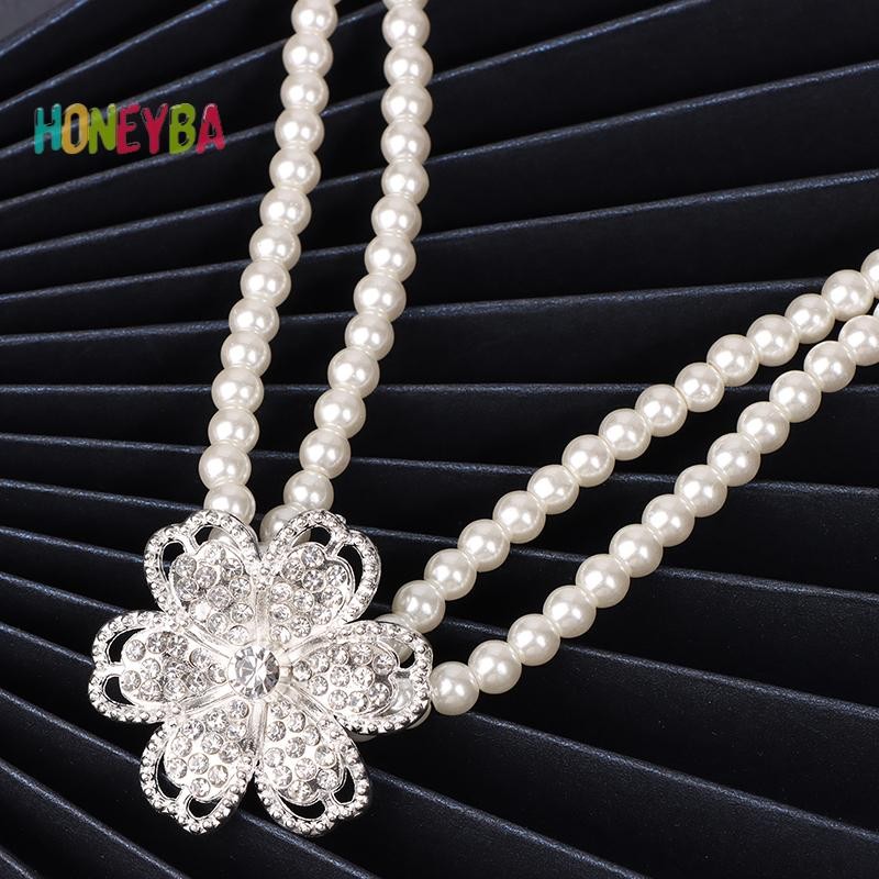 < Honeyba > Bộ trang sức cưới nữ cổ điển thời trang đính đá giả ngọc trai Vòng cổ vòng tay Bông tai Tiệc cưới Món quà trang sức