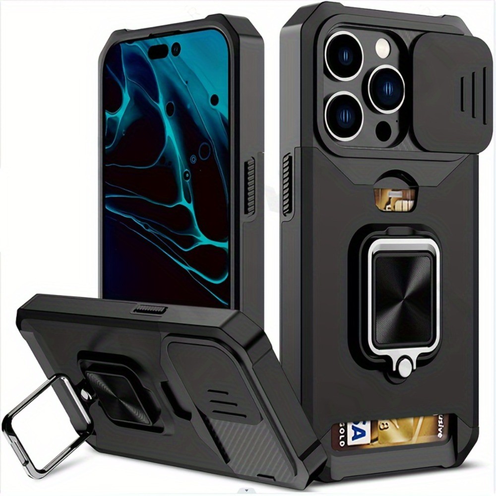 Ốp điện thoại bền, chắc chắn cho iPhone 17 16 15 14 13 12 11 Pro XS Max Mini Plus, ốp cứng chống sốc, có chân đế kim loại và khe cắm thẻ