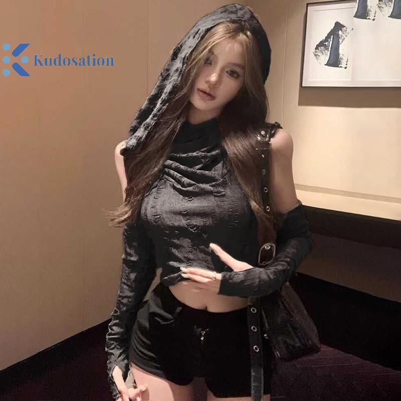 Kudosation Thời Trang Mỹ Rách Có Mũ Trùm Đầu Áo Y2k Sang Trọng Ôm Crop Top Có Tay Áo Đẹp