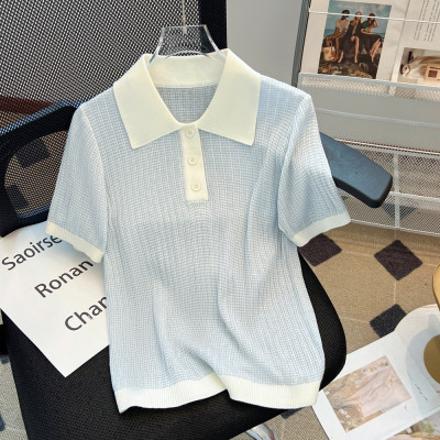 SUXI Áo sơ mi Polo đeo vai thẳng màu xanh đơn giản mới dành cho nữ mùa hè 250409
