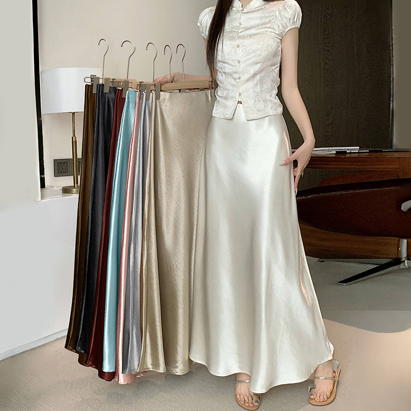 SUXI Váy Midi Satin Mùa Hè Mới Eo Cao Drap Nữ Váy Đuôi Cá Chữ A 260317