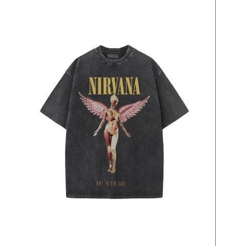[Bộ sưu tập người 1086] Nirvana Band Rock Nirvana Cobain Cobain In hình đau khổ Washed Retro Wax Nhuộm áo thun dáng rộng