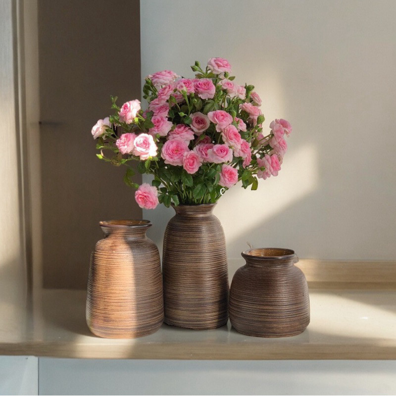 Bình cắm hoa gốm sứ Bát Tràng men mộc vai vuông vintage trang trí phòng khách đẹp