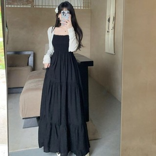 Đầm Size Lớn Nữ Béo mm Pháp Hẹp Eo Chữ A Váy Dài Hepburn Phù Hợp Với Mùa Hè Retro Mỏng Hơn Nhìn Đen Sling Đầm Cardigan Váy Size Lớn Quần Áo Nữ