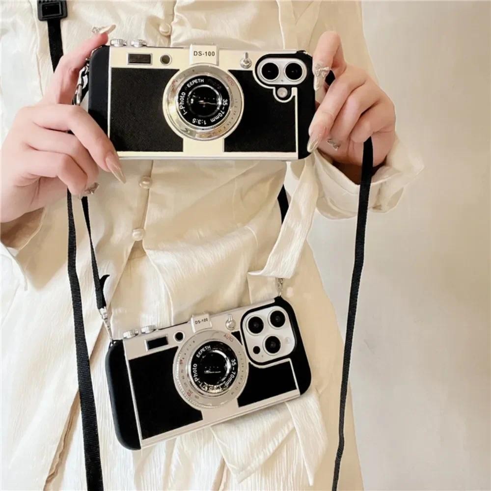 Ốp Điện Thoại Đeo Ngang Camera 3D Retro Cho iPhone 16 Pro Max 15 14 13 11 12 Mini XS Max XR X 7 8 Plus SE 2020 2022 Dây Nhựa Cứng
