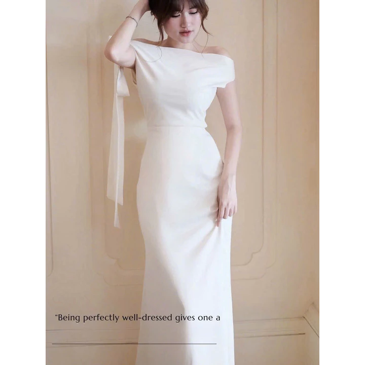 Đầm Lụa Dự Tiệc Trễ Vai Phối Nơ Lệch Vai Lụa Hàn NV684 Váy Lụa Đầm Dự Tiệc Cưới Lệch Vai Dây Thắt Được Nhiều Kiểu