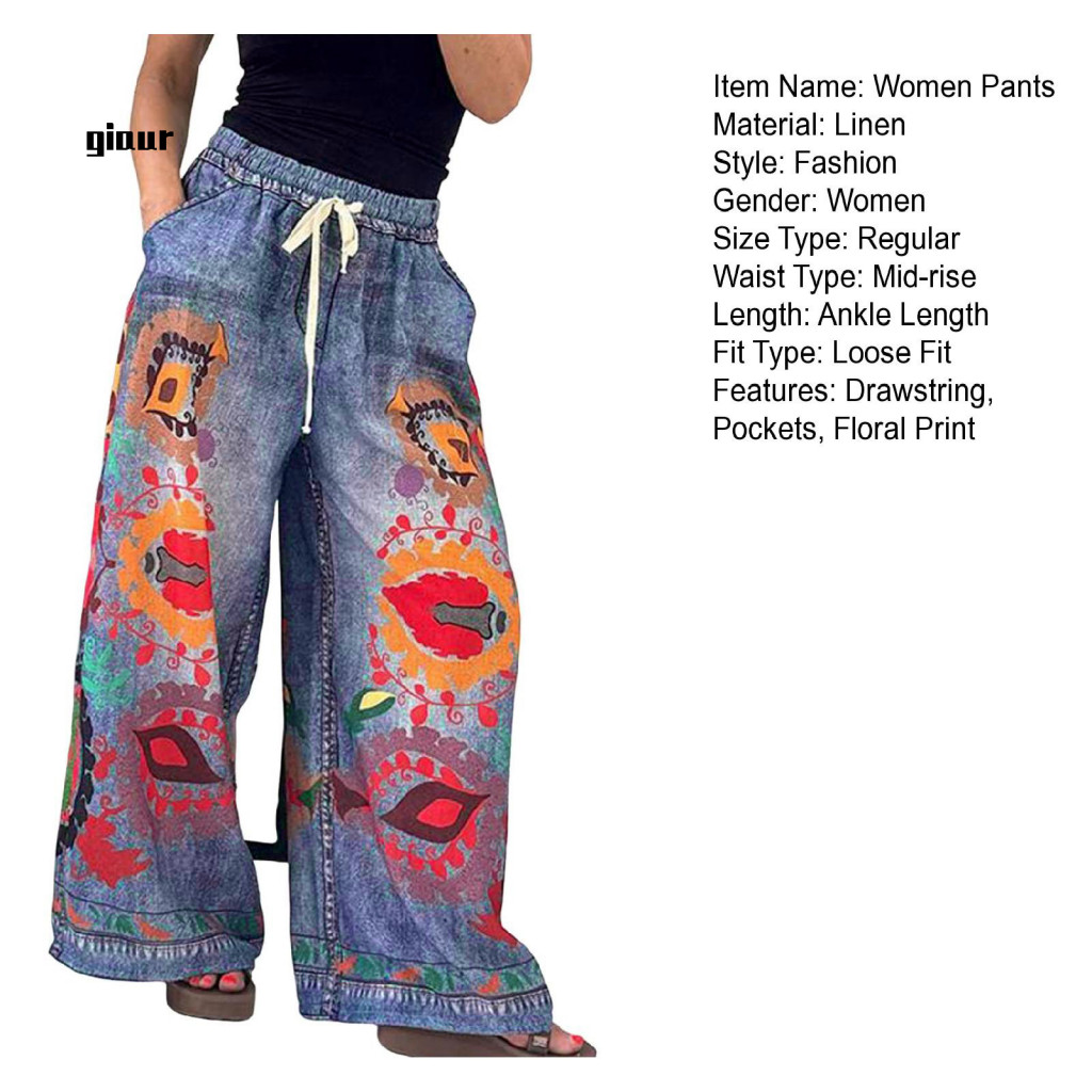 / Ty / Quần thắt lưng co giãn dây rút Quần in Denim có dây buộc Quần Denim ống rộng sành điệu có thắt lưng và túi dây rút Thiết kế in hình hợp thời trang dành cho nữ cho khu vực Đông Nam