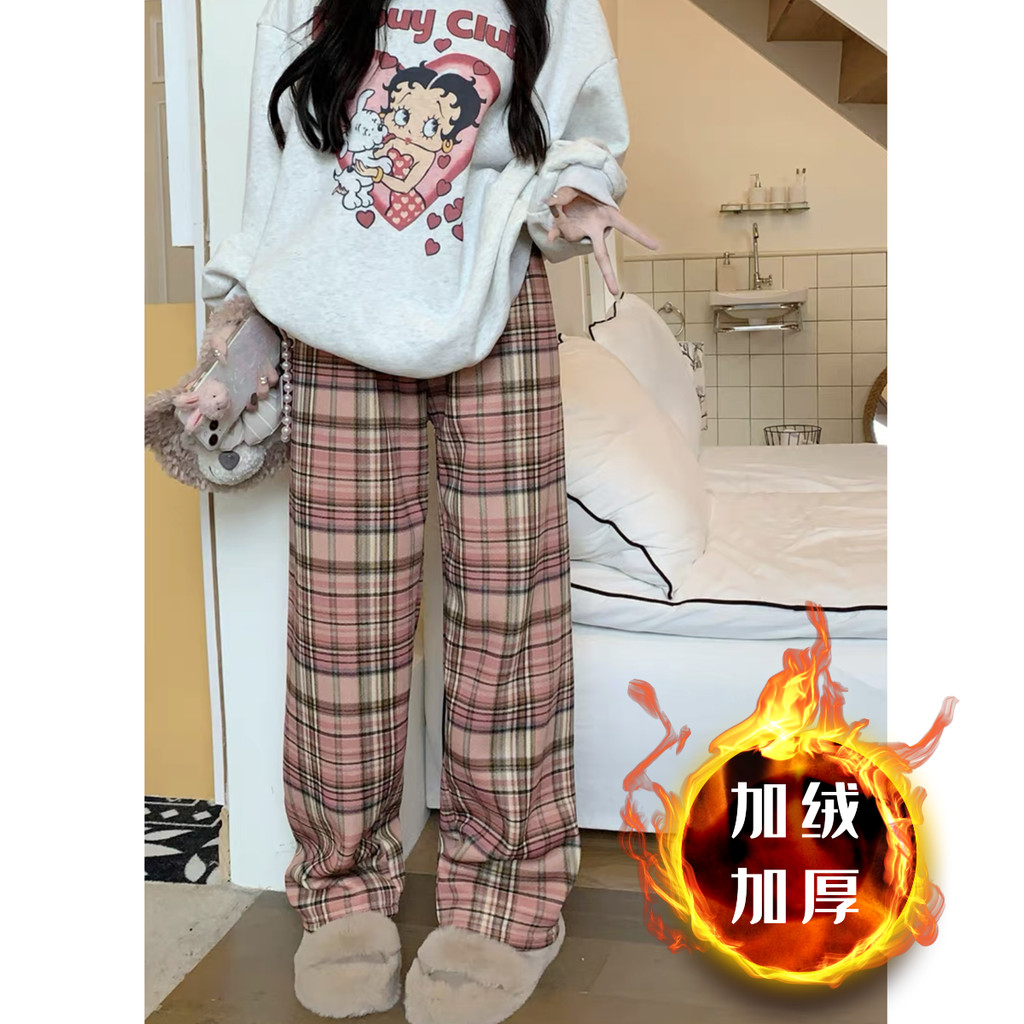 Quần kẻ sọc lông cừu cho Nữ quần giữ nhiệt quần giáng sinh màu đỏ quần ống rộng cạp cao mùa thu đông phong cách năm mới