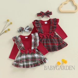 / / -Bộ Quần áo Giáng sinh cho bé gái sơ sinh Áo liền quần tay bay + Váy treo kẻ sọc + Băng đô