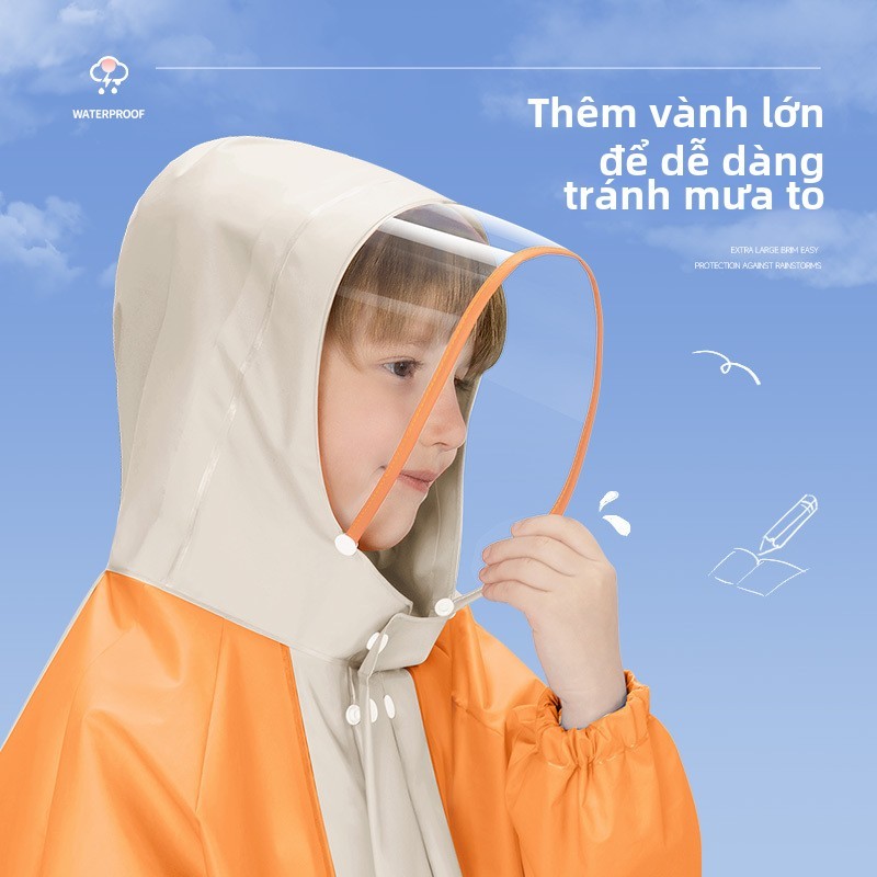 Áo mưa trẻ em 4-13 tuổi cao cấp có tấm chắn, kiểu rộng đeo được ba lô, chất liệu an toàn cho bé