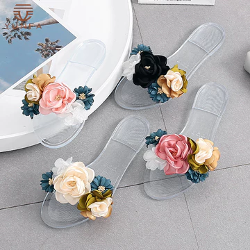 Dép xỏ ngón hoa to giả cói đi biển chống trơn trượt, Dép Pha Lê Trong Suốt Nữ Phong Cách Mới Đế Bằng Camellia Jelly Flip-Flops Nữ Dép Bên Ngoài Dép Dép