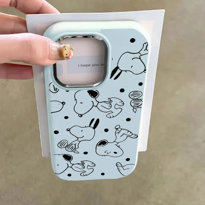 Ốp Điện Thoại Cho IPhone 16e 16 Pro Max 15 14 13 12 11 Pro Max 7 8 16 Plus X XS Ốp Lưng Hoạt Hình Snoopy TPU Màu Kẹo Silicon Mạ Chống Sốc Ống Kính Kim Loại Mềm