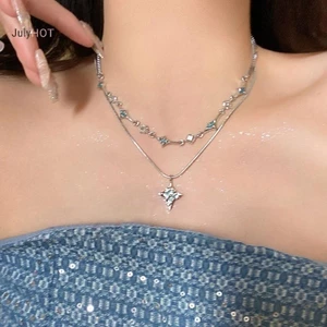 Julyhot Hai Lớp Màu Xanh Bốn Cánh Ngôi Sao Zircon Vòng Cổ Ins Phong Cách Ánh Sáng Sang Trọng Xương Đòn Dây Chuyền Dành Cho Nữ Bạn Gái Món Quà Trang Sức Massivedeals