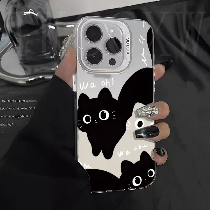 Ốp Điện Thoại Mạ Điện Mờ Cho Vivo V30 V29 V27 Pro V25e V29e V27e V25e V23e V20 X100 S1 Pro Y17 Y15A Y15S Y01 Y91C Y95 Y1S Mới Mèo Nhỏ Đen Dễ Thương Cặp Đôi IMD Cover