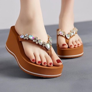 Dép kẹp đế xuồng lượn sóng quai dù đính đá cao cấp, Dép kẹp đính đá 5f, 7f, 9fZZLL