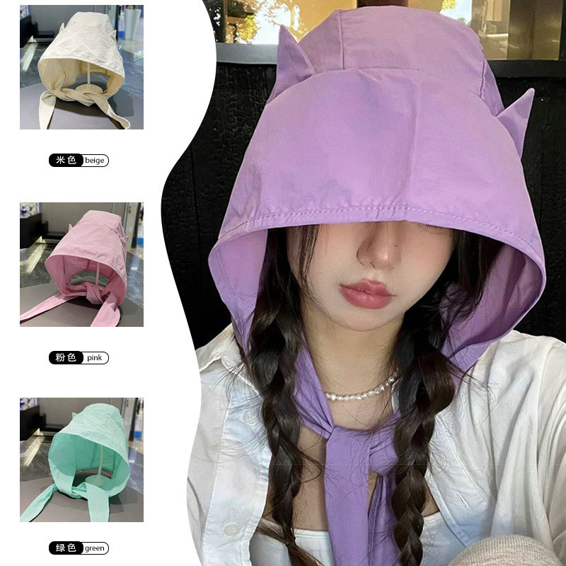 Little Demon Dây Đeo Nhanh Khô Chống Nắng Hood Dành Cho Nữ Mỏng Bảo Vệ Tai Mũ Khăn Trùm Đầu Tai Mèo Dễ Thương Thể Hiện Mặt Nhỏ