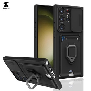 Dành Cho Samsung Galaxy S23 Ultra S22 Ultra S24 Plus S25 Edge Ốp Lưng 4 Trong 1 Trượt Camera Bao Đựng Thẻ Đứng Vuông Freebie Dây Chống Sốc Chống Rơi Mỏng Mềm TPU Cover