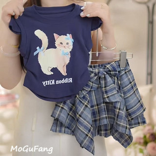 Trang phục bé gái 2025 mới mùa hè, bộ vest dễ thương cho bé gái, váy kẻ sọc và quần, bộ hai mảnh