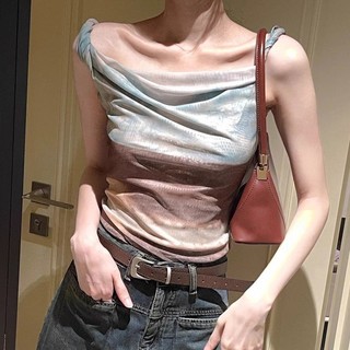 Màu Gradient Smudge Màu Sắc Tương Phản Gạc Cảm Giác Cao Cấp Tranh Sơn Dầu Series Không Đều Camisole Nữ Mùa Hè Phong Cách Hàn Quốc Ngắn quây Bên Trong Ngọt Cay Top